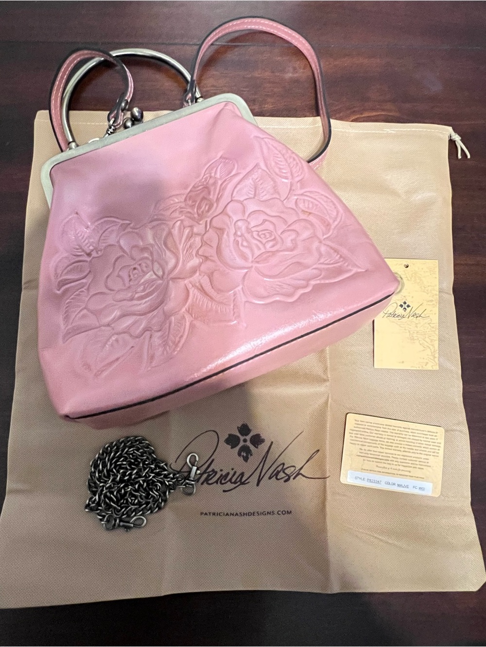 Patricia Nash Novella Frame Bag Pink Leather Rose Print Tooled Leather Kiss Lock